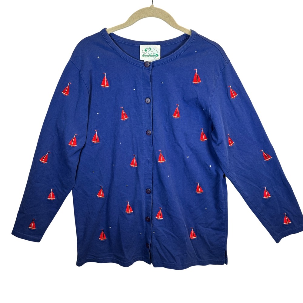 Quacker Factory Blue Cotton Cardigan Large Embroidered Sailboats Rhinestones